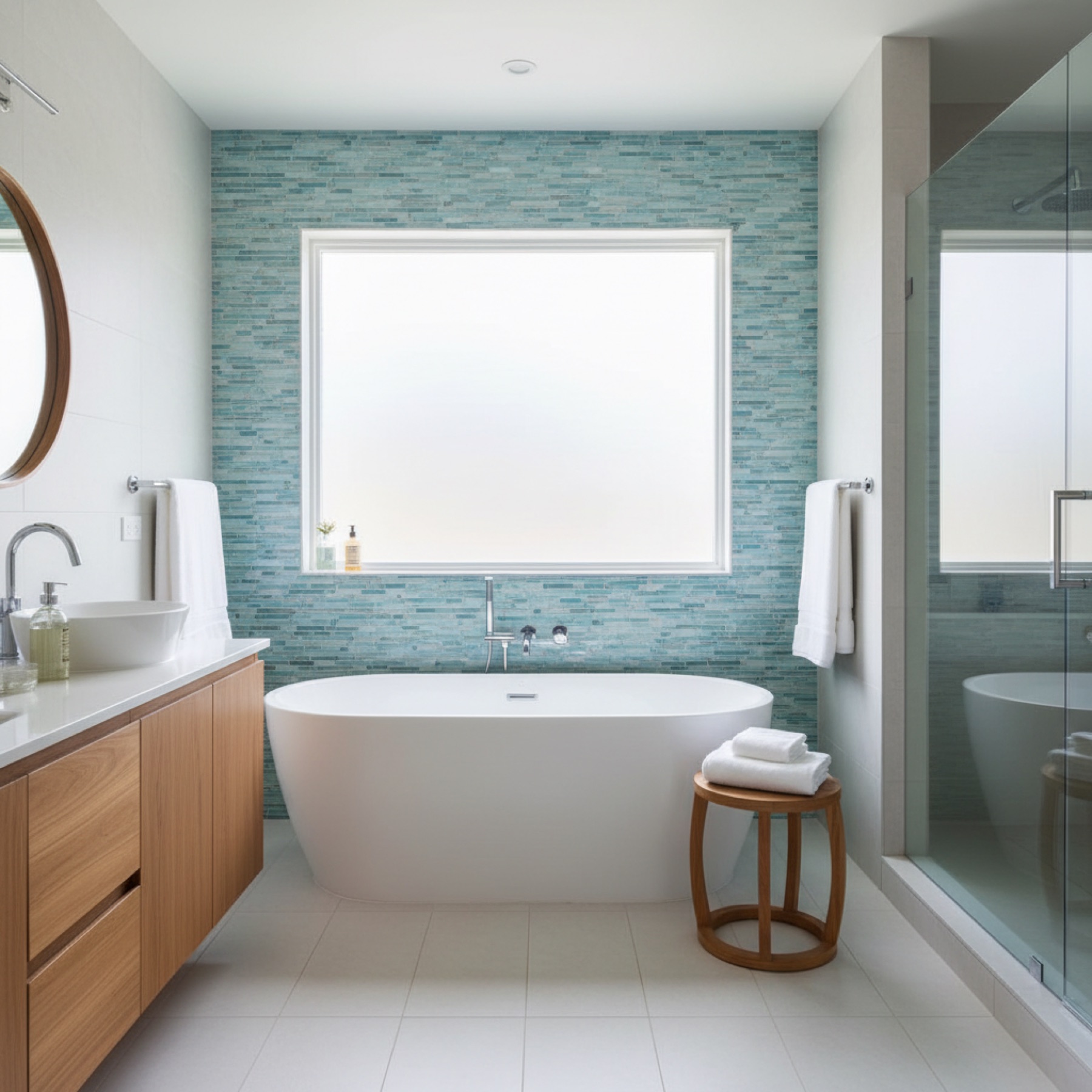 Monument bath with freestanding tub and seaglass mosaic accent wall