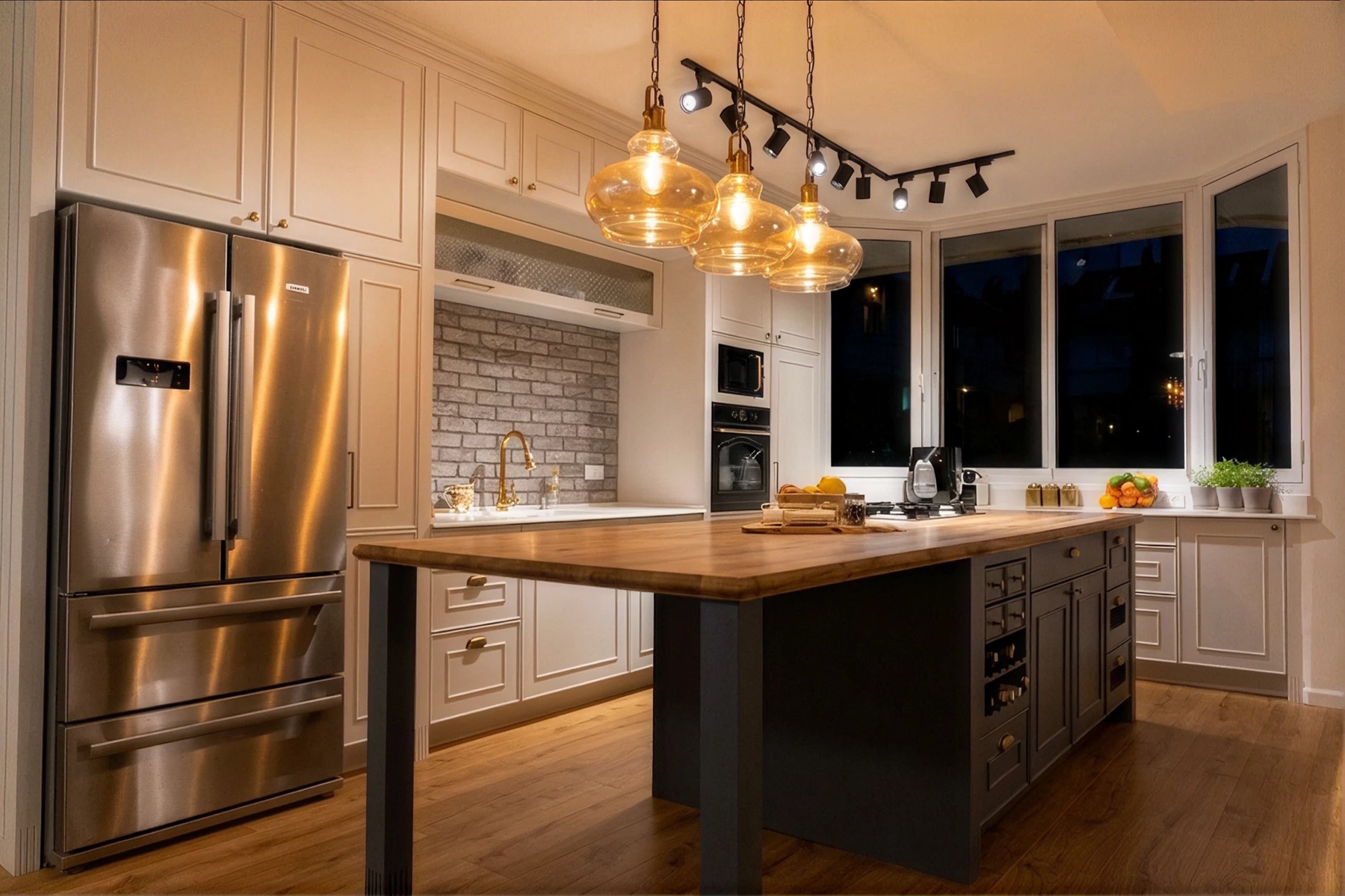 Kitchen with charcoal island and butcher-block top