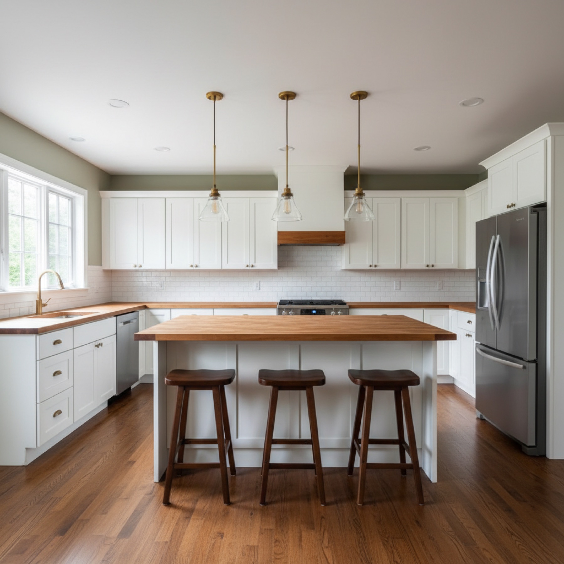 Old North End kitchen with white cabinets and butcher-block island