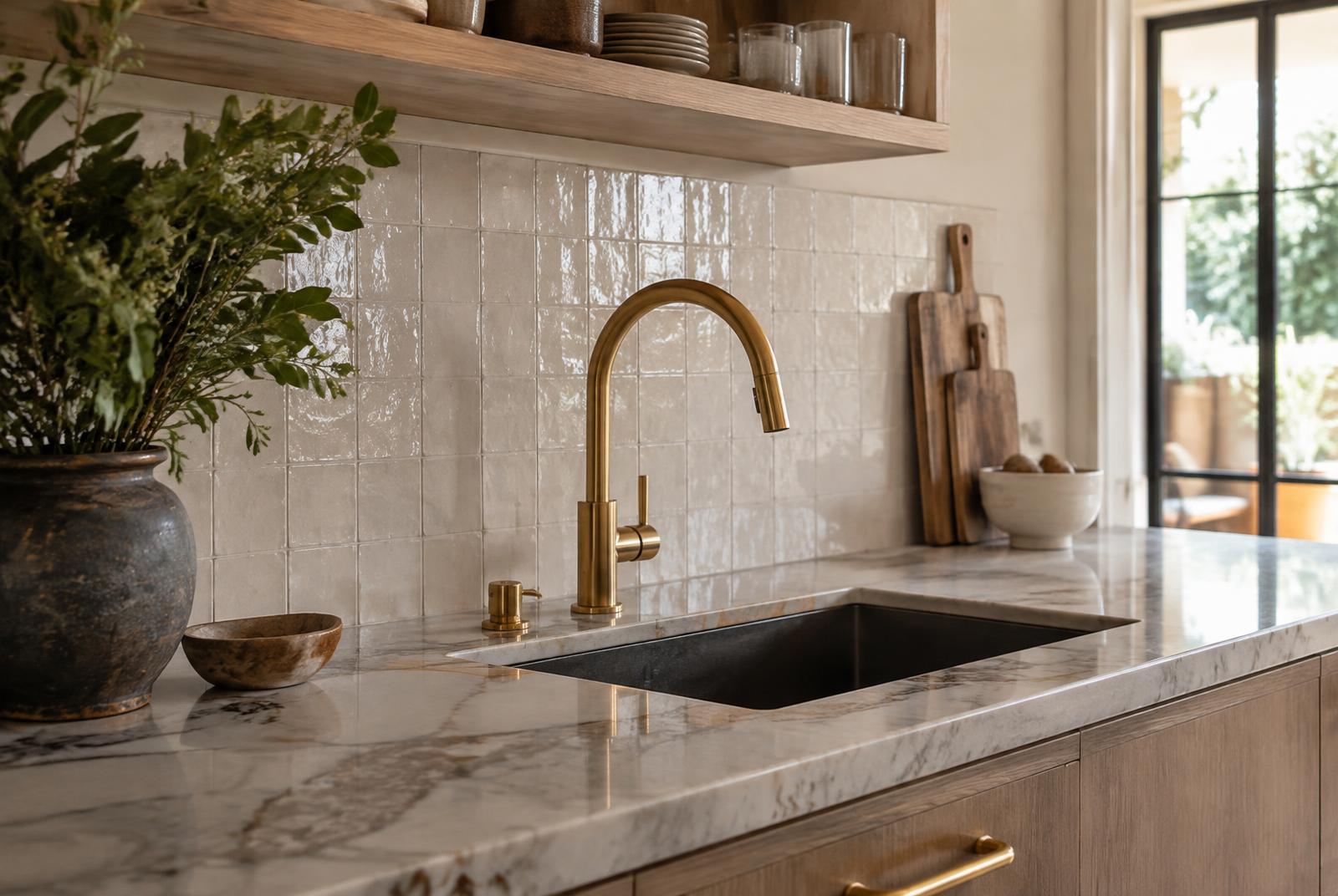 Design concept: kitchen island sink with tile backsplash