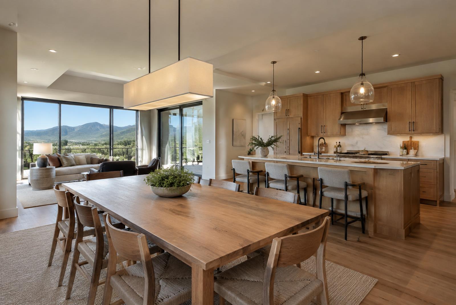 Design concept: wide view of modern kitchen with dining area